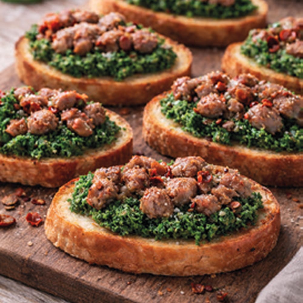 CROSTINI WITH SAUSAGE AND FRIARIELLI PESTO