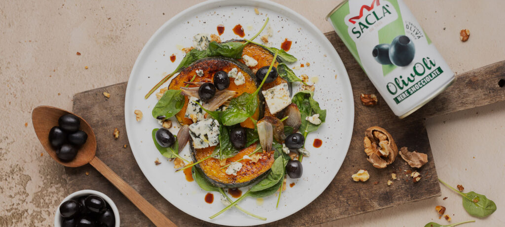 ROASTED PUMPKIN SALAD WITH PITTED BLACK OLIVES, AGED GORGONZOLA &amp; WALNUTS