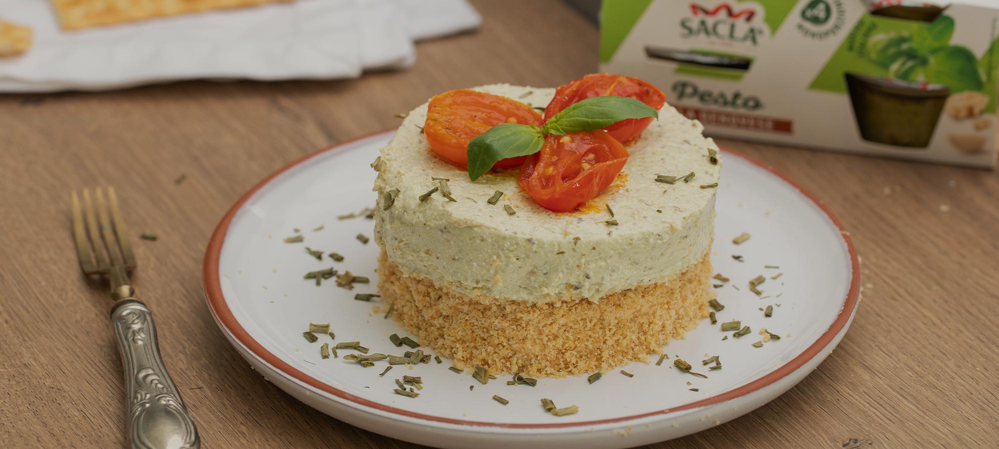 Cheesecake with Saclà Lemon Pesto Mousse &amp; Confit Cherry Tomatoes